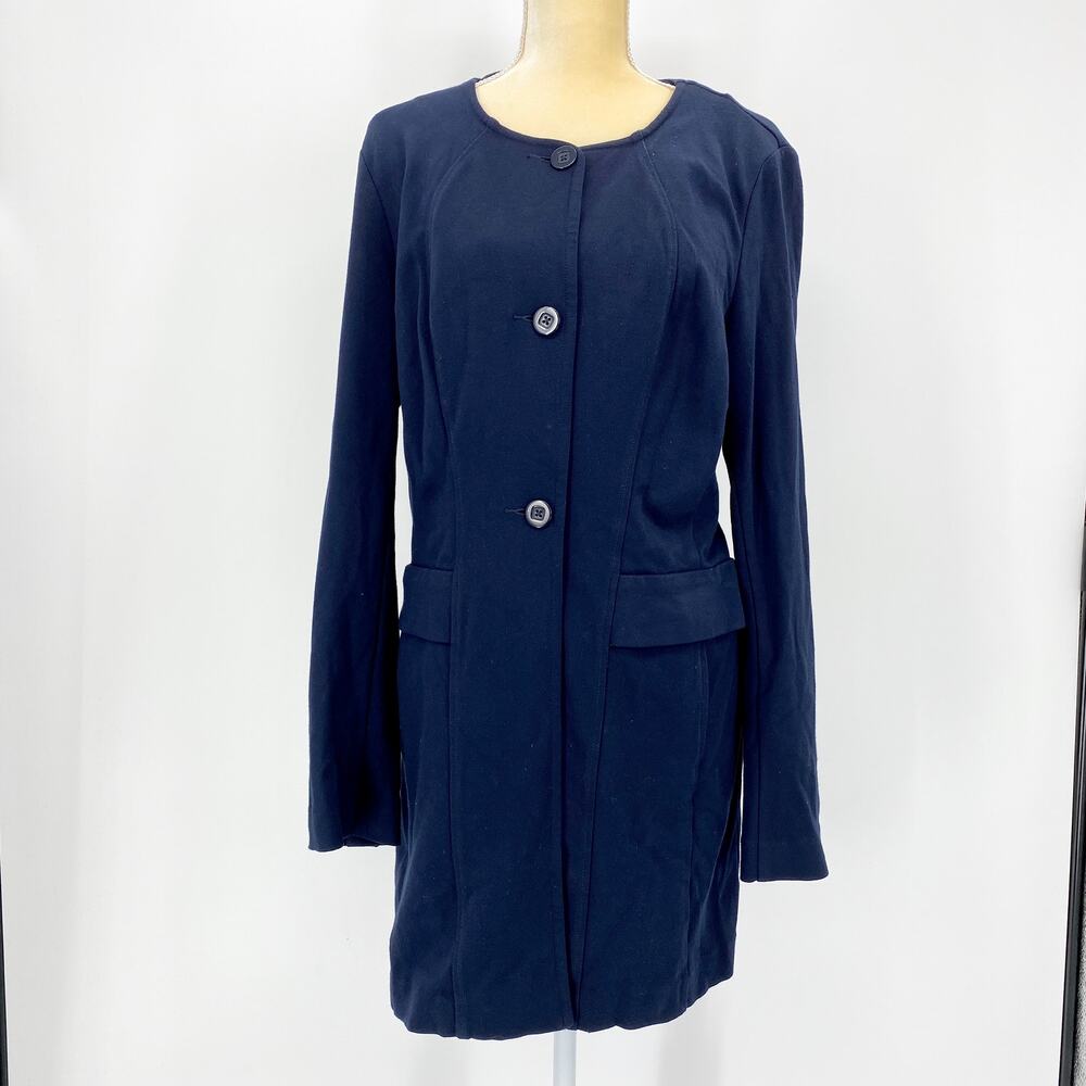 CABI Jacket Blue Ponte Knit Thigh Length Size M Stretch Button Collarless Retro